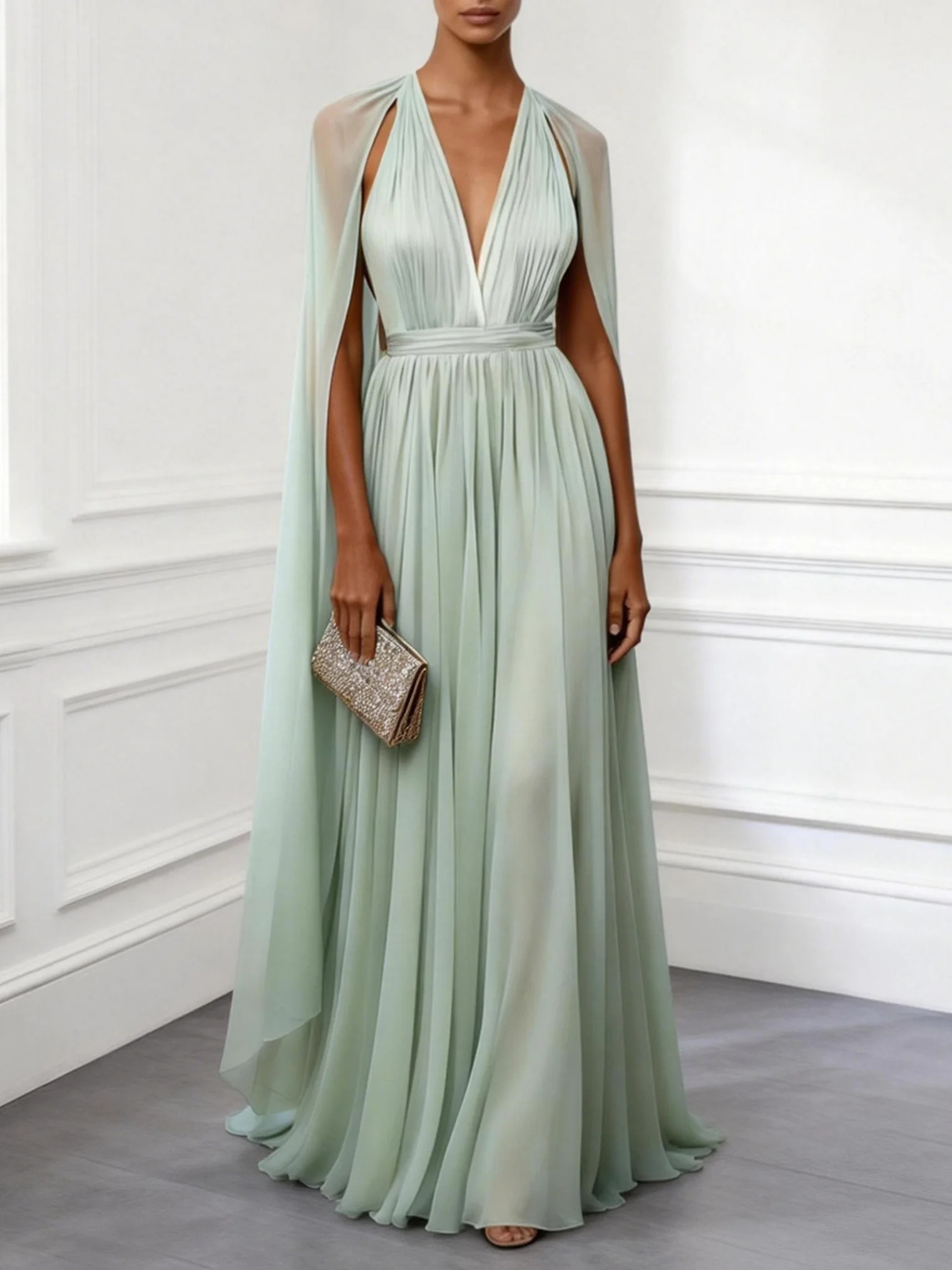Light Green Ruched Chiffon V Neck Sleeveless A-Line Gown Dress