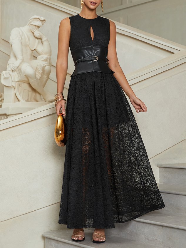 Black Lace Hollow Out Lace Crew Neck Sleeveless A-Line Maxi Dress
