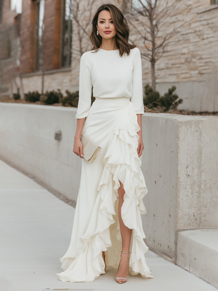 White Long Sleeve Round Neck Top And Asymmetrical Ruffle Skirt Set
