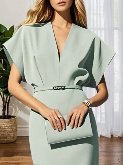 Light Blue Classic V Neck Short Sleeve Dolman Sleeve Sheath Midi Dress
