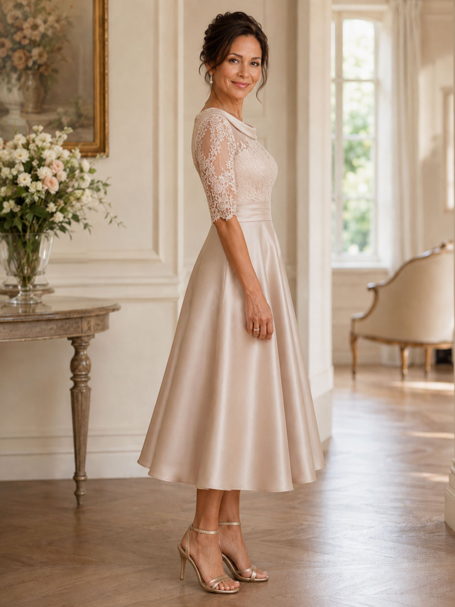 Cowl Neck Lace Applique Midi Evening Dress