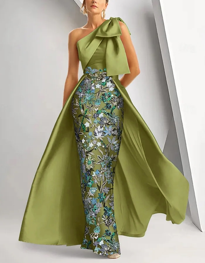One Shoulder Satin Sequin Bodycon Maxi Dress