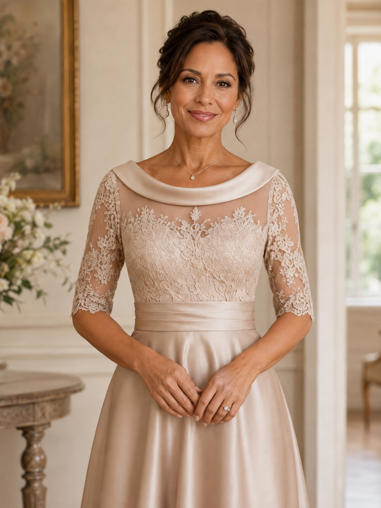 Cowl Neck Lace Applique Midi Evening Dress