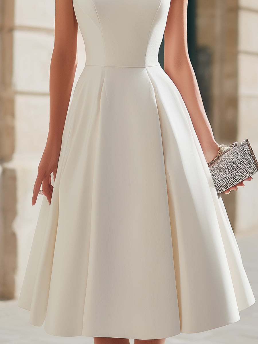 Ivory Sweetheart Neckline Cap-Sleeve A-Line Midi Dress