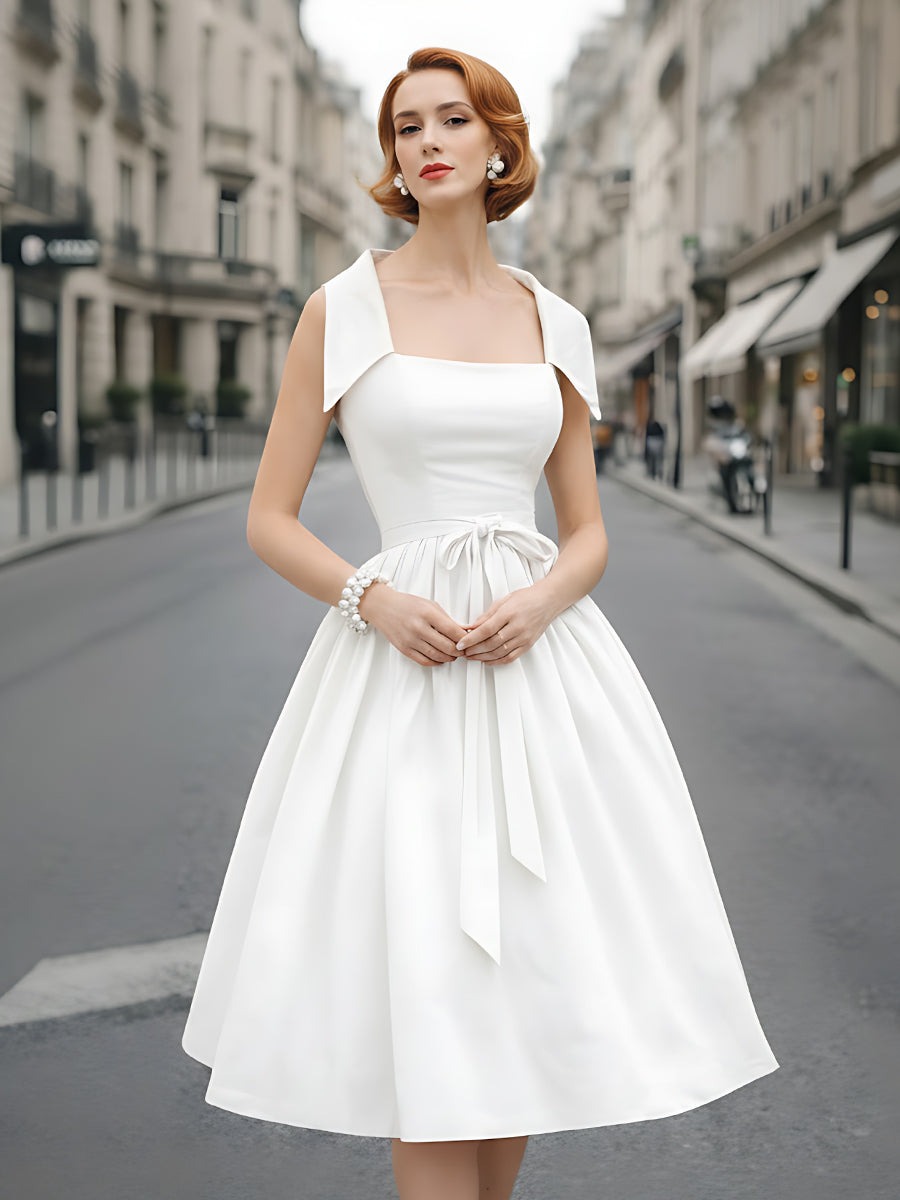 White Square-Neck A-Line Dress With Structured Shoulder Detail