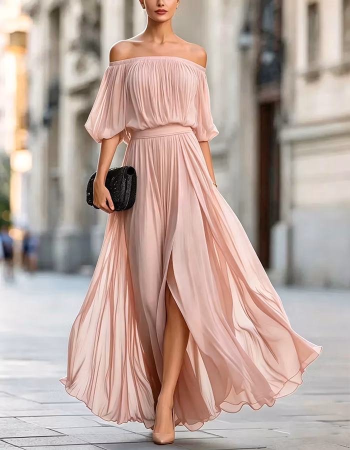 Black Off Shoulder Chiffon Slit Maxi Dress