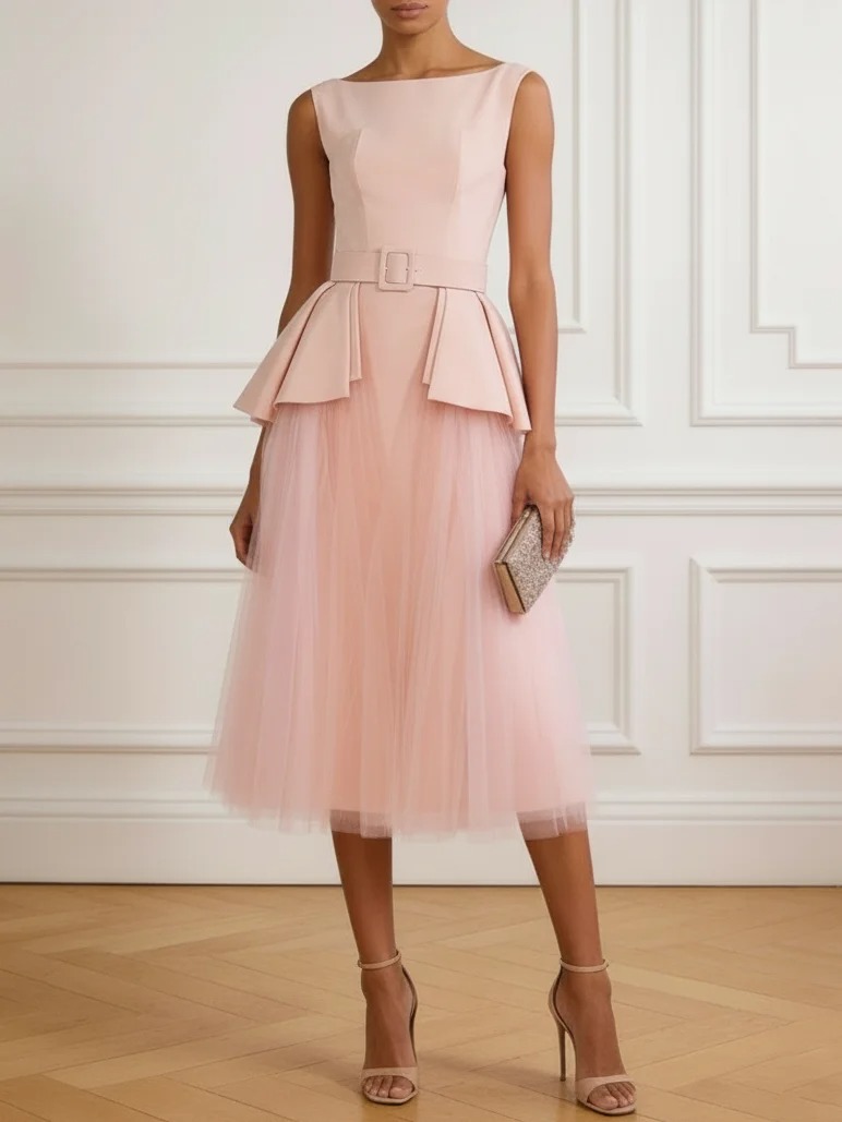 Pink Peplum Split Joint Classic Boat Neck Sleeveless A-Line Midi Dress