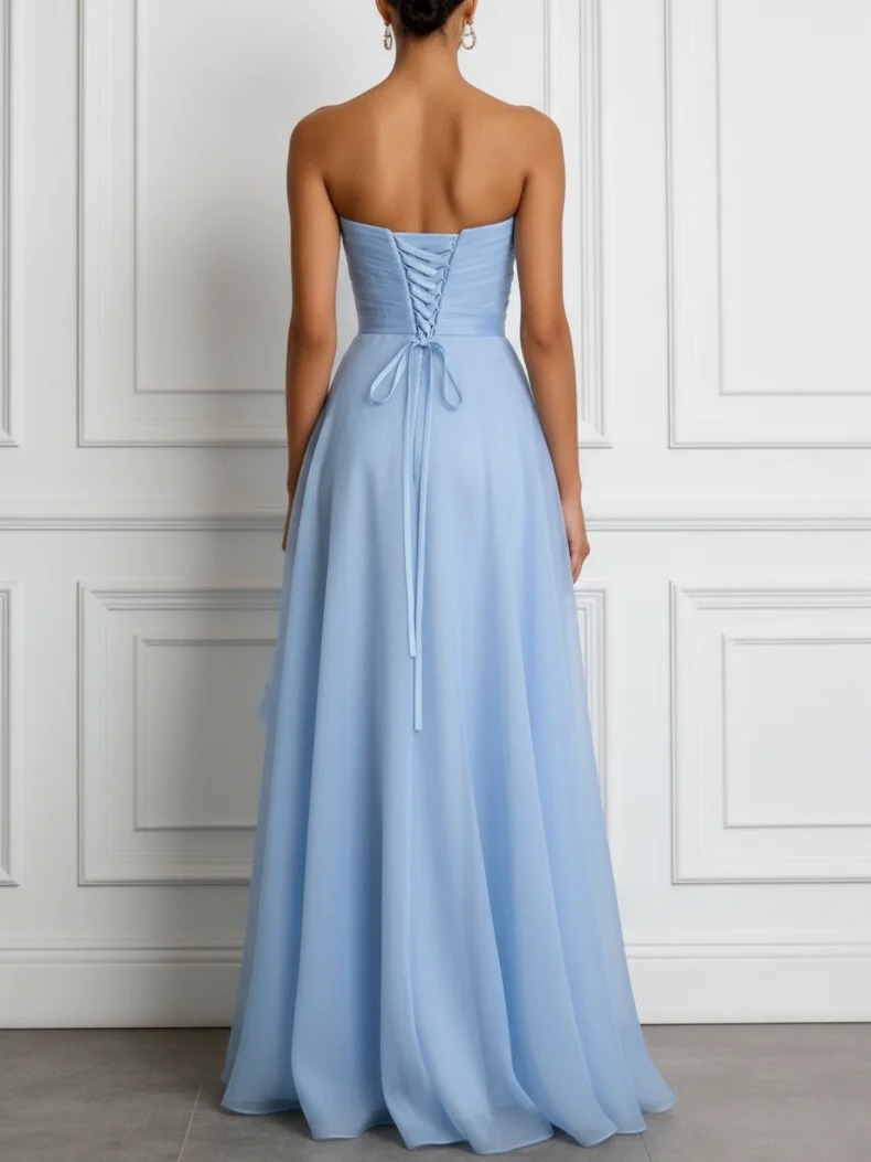 Blue Ruffled Side-Slit Classic Strapless Sleeveless A-Line Gown Dress