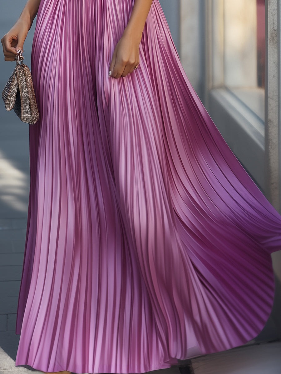 A-Line Halter-Neck Purple Pleated Maxi Dress