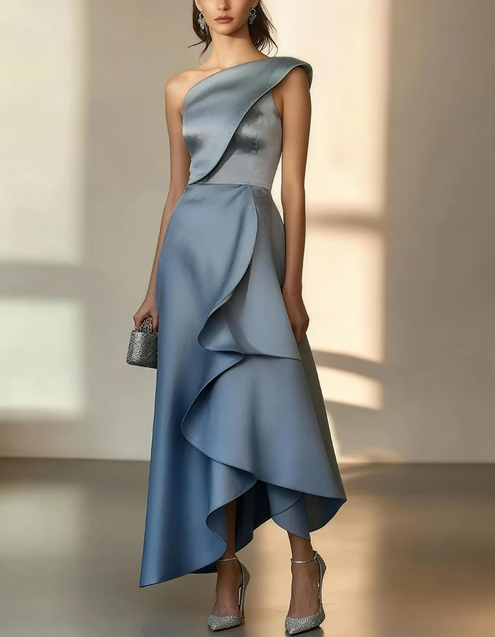 One-Shoulder Ruffle-Trim Satin Evening Gown