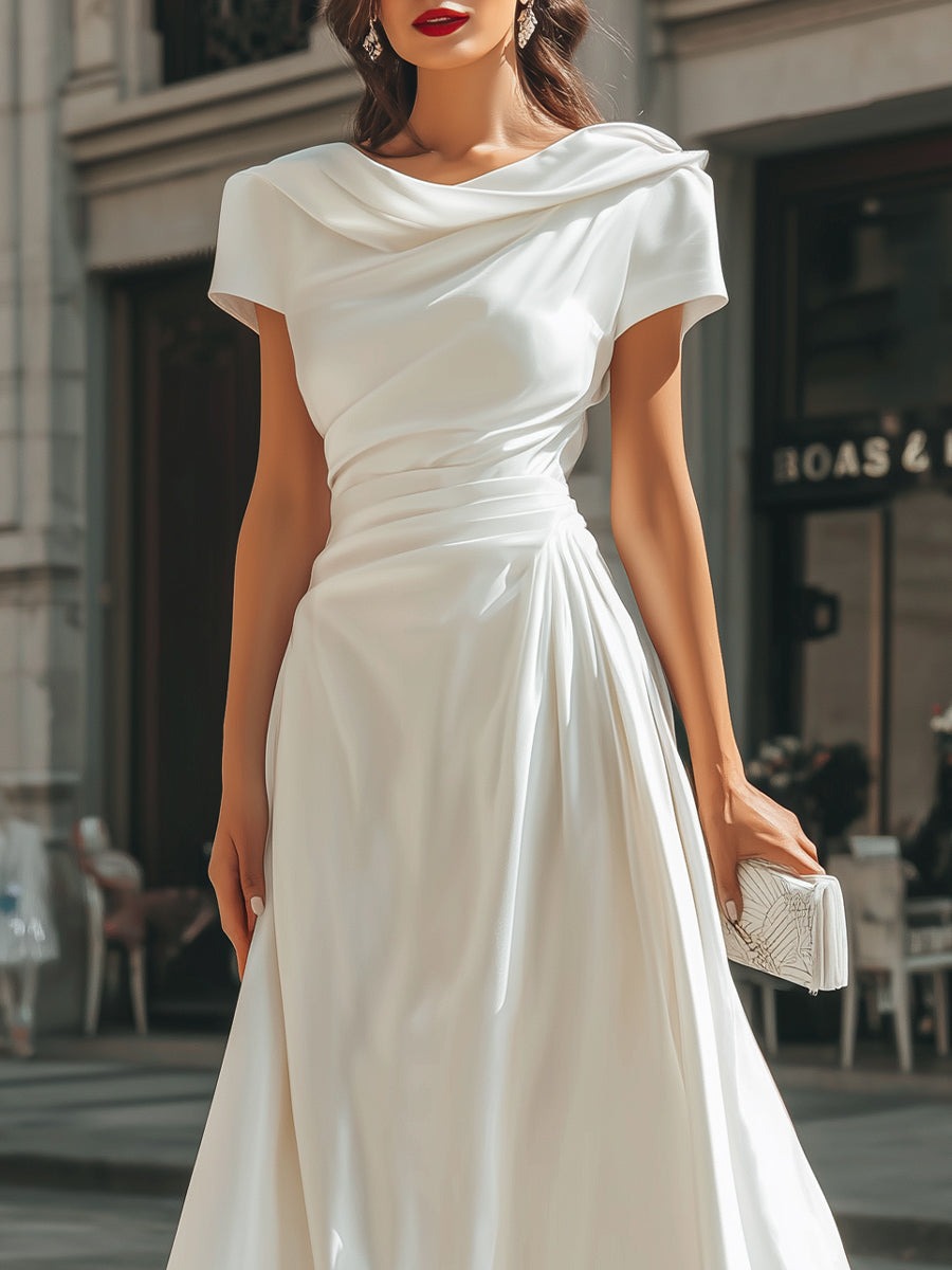 White Draped Asymmetric Midi Dress