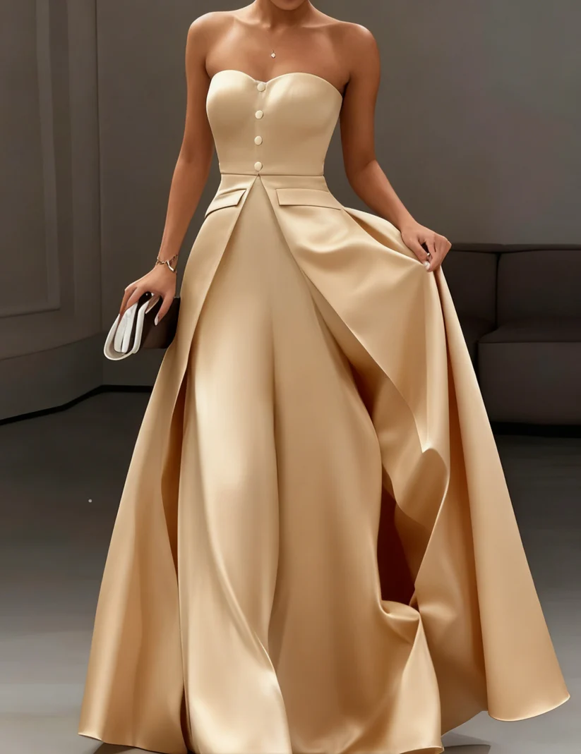 Strapless Sleeveless Button Detailed A-Line Evening Gown