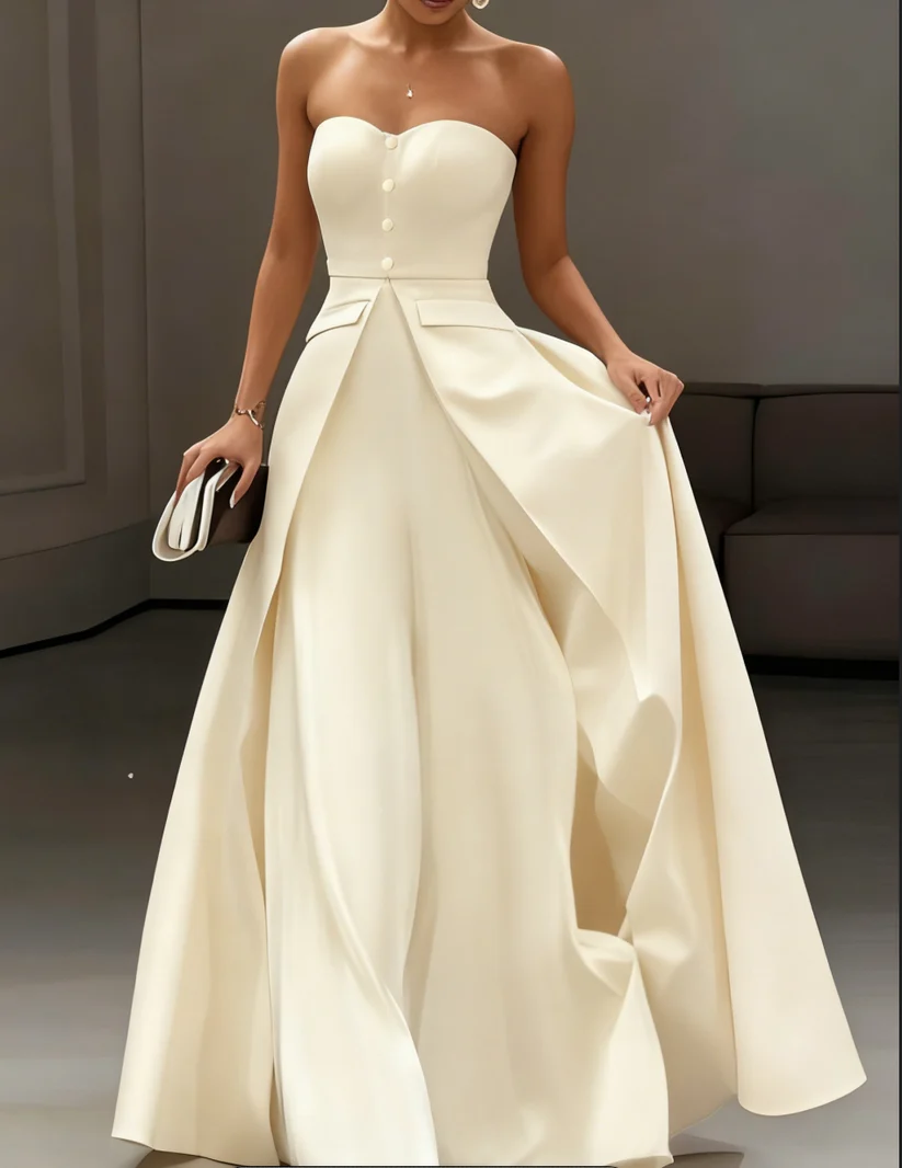 Strapless Sleeveless Button Detailed A-Line Evening Gown