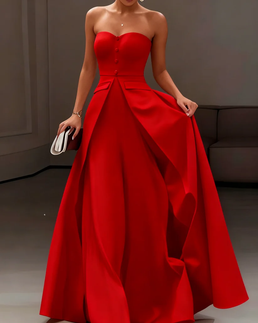Strapless Sleeveless Button Detailed A-Line Evening Gown
