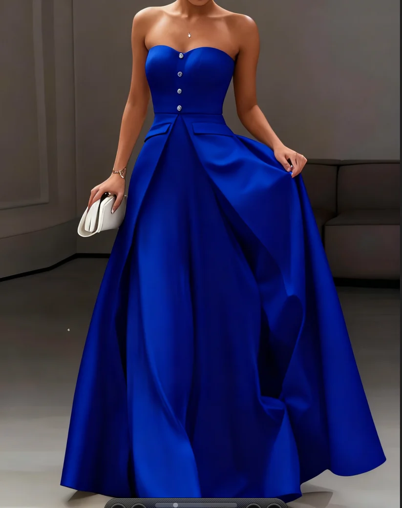 Strapless Sleeveless Button Detailed A-Line Evening Gown