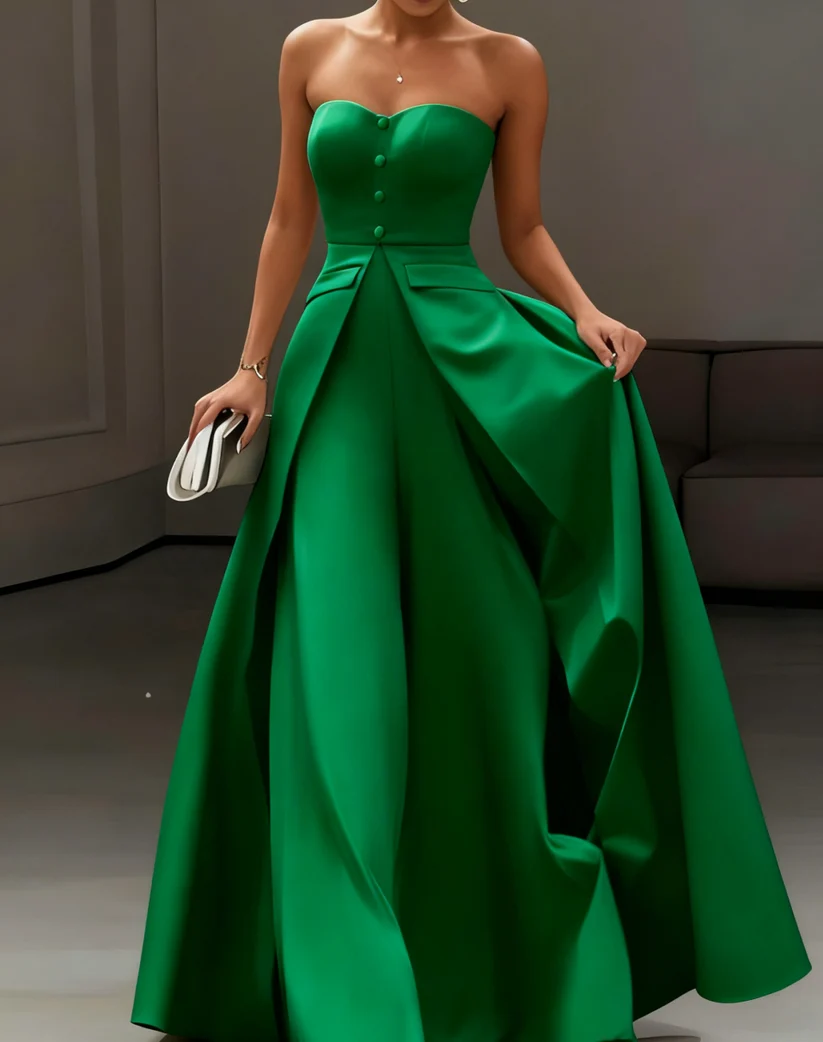 Strapless Sleeveless Button Detailed A-Line Evening Gown