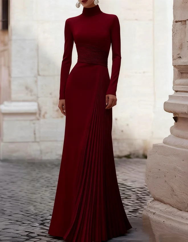 Mock Turtleneck Pleated Long Sleeve Evening Gown