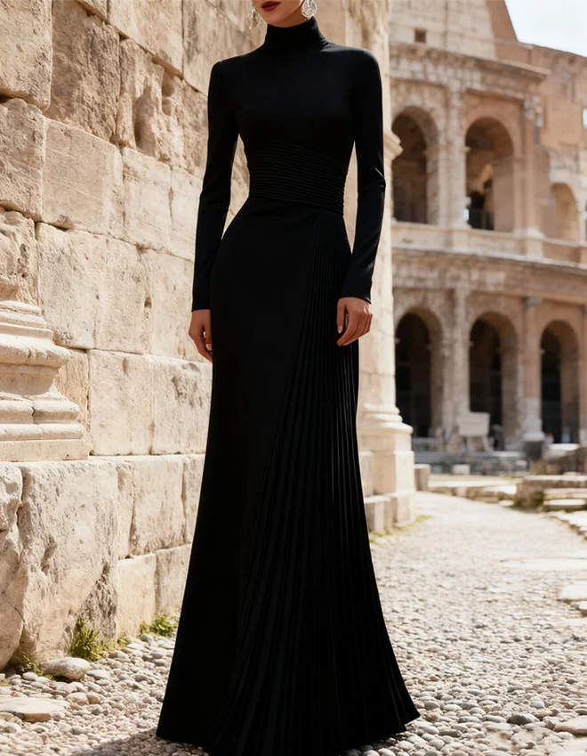 Mock Turtleneck Pleated Long Sleeve Evening Gown