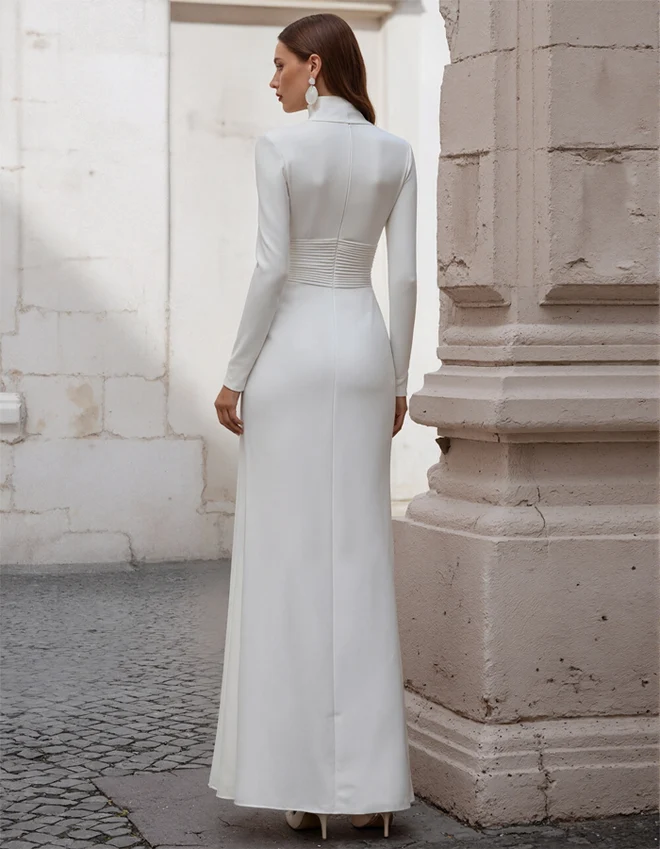 Mock Turtleneck Pleated Long Sleeve Evening Gown