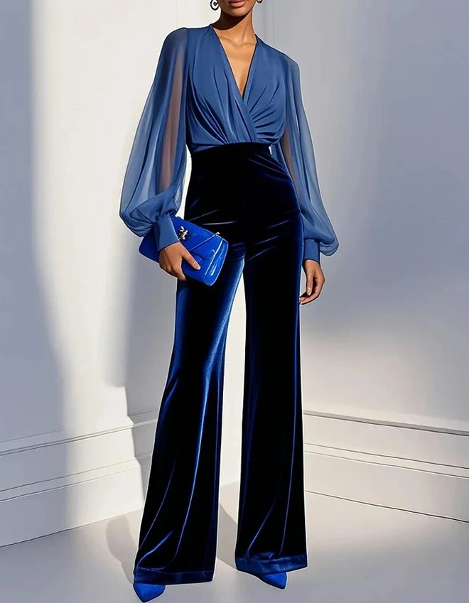 Sheer Sleeve Velvet Wide Leg Jumpsuit