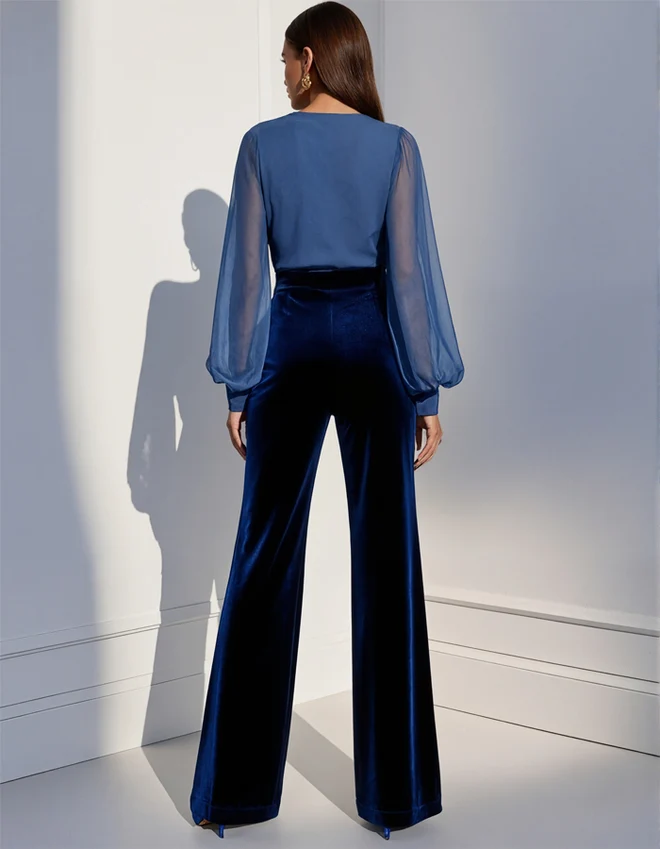 Sheer Sleeve Velvet Wide Leg Jumpsuit