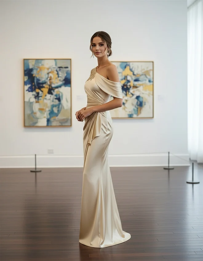 Mermaid One Shoulder Short Sleeves Long Mother of the Bride Dresses