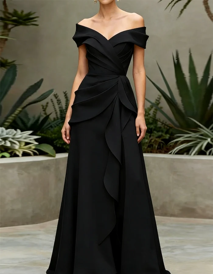 Off-Shoulder Ruffled Satin A-Line Evening Gown