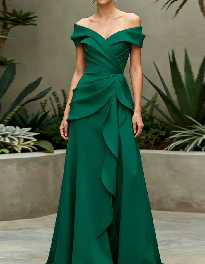 Off-Shoulder Ruffled Satin A-Line Evening Gown