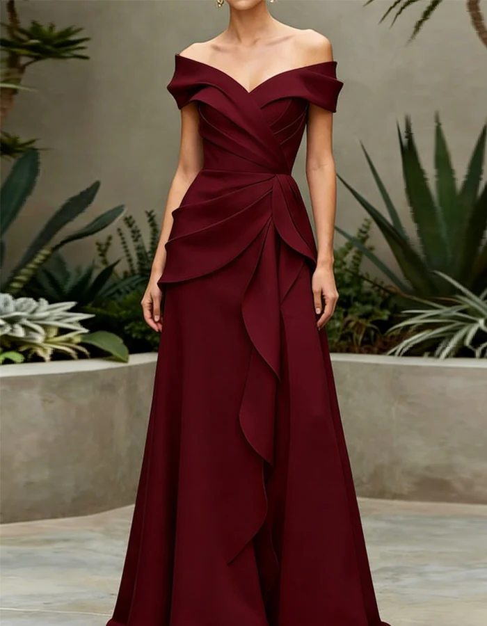 Off-Shoulder Ruffled Satin A-Line Evening Gown