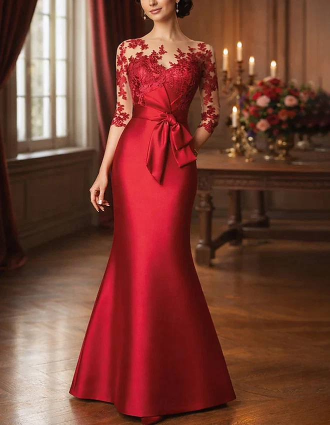 Lace Applique Satin Mermaid Evening Gown