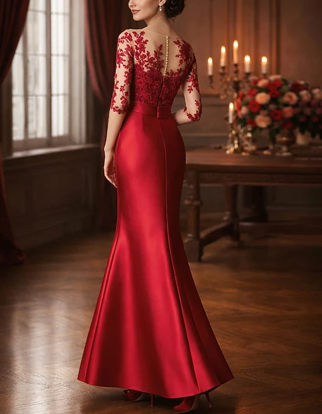 Lace Applique Satin Mermaid Evening Gown