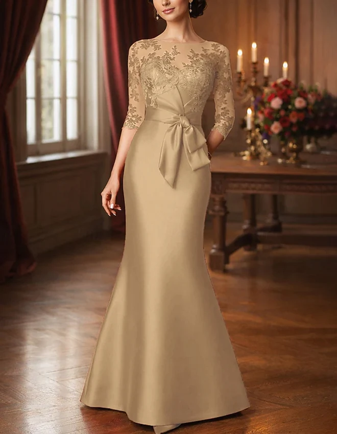Lace Applique Satin Mermaid Evening Gown