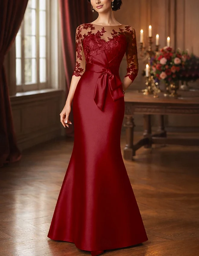 Lace Applique Satin Mermaid Evening Gown