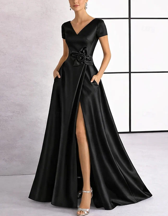 V-Neck Satin Evening Gown with Rose Waist Accent