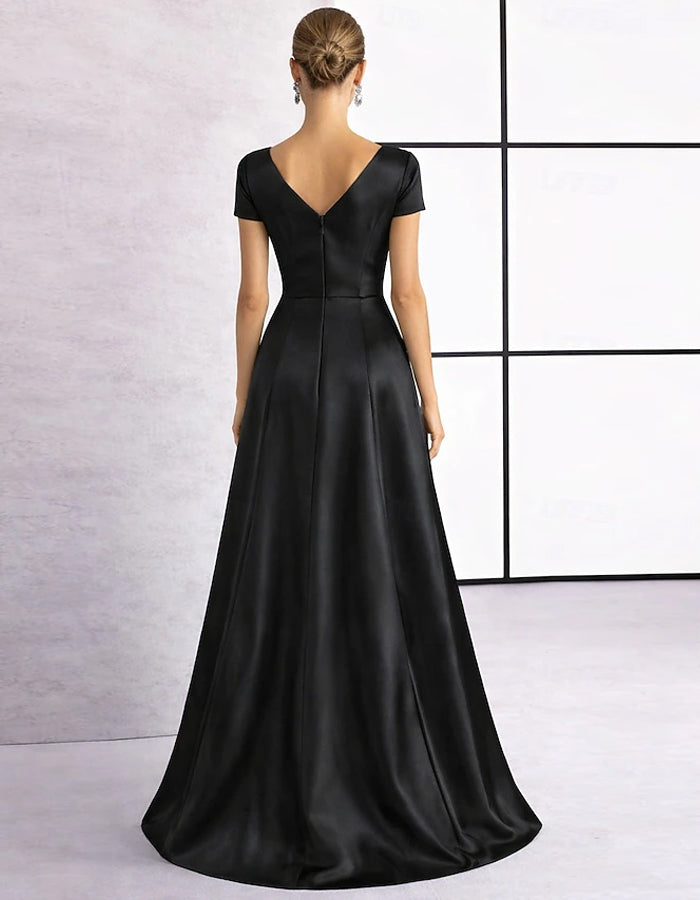 V-Neck Satin Evening Gown with Rose Waist Accent