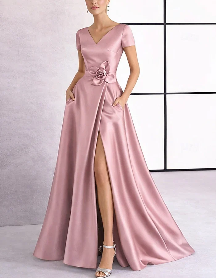 V-Neck Satin Evening Gown with Rose Waist Accent