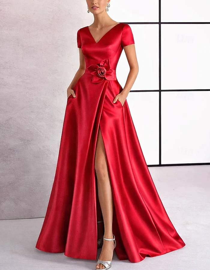 V-Neck Satin Evening Gown with Rose Waist Accent
