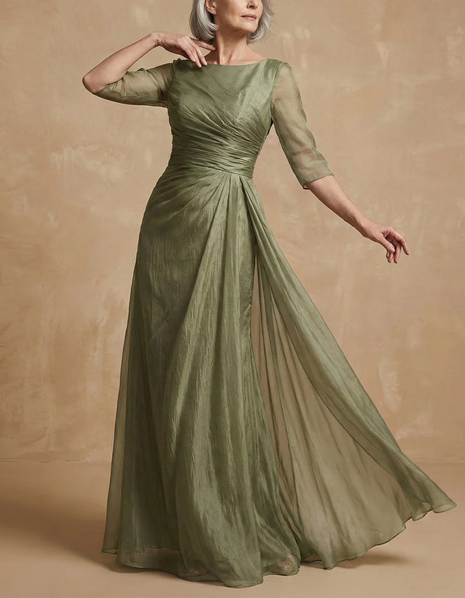 Ruched Bodice Sheer Sleeve Pleated Evening Gown