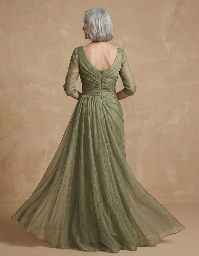 Ruched Bodice Sheer Sleeve Pleated Evening Gown