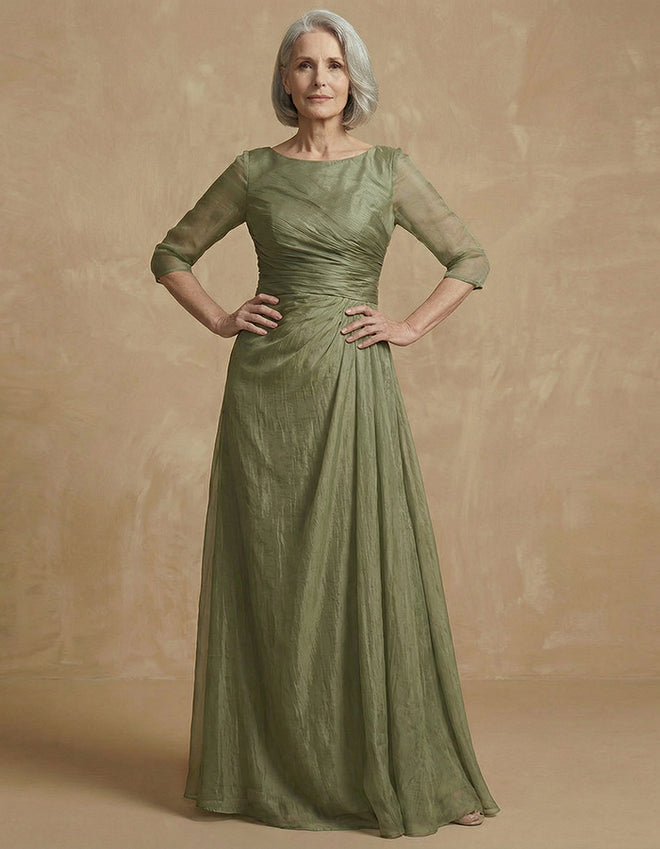 Ruched Bodice Sheer Sleeve Pleated Evening Gown
