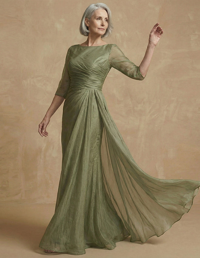 Ruched Bodice Sheer Sleeve Pleated Evening Gown