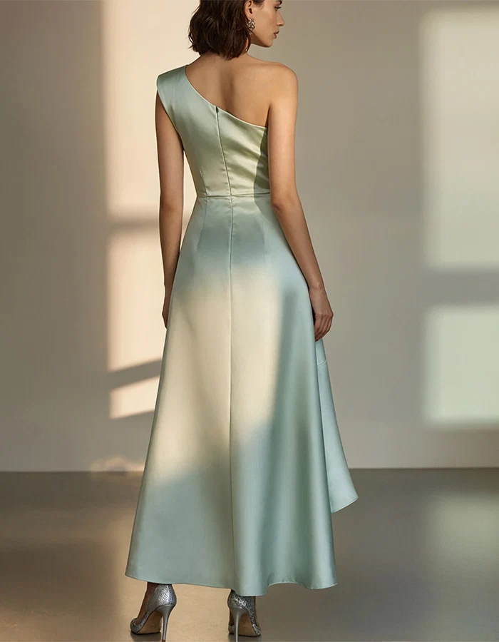 One-Shoulder Ruffle-Trim Satin Evening Gown