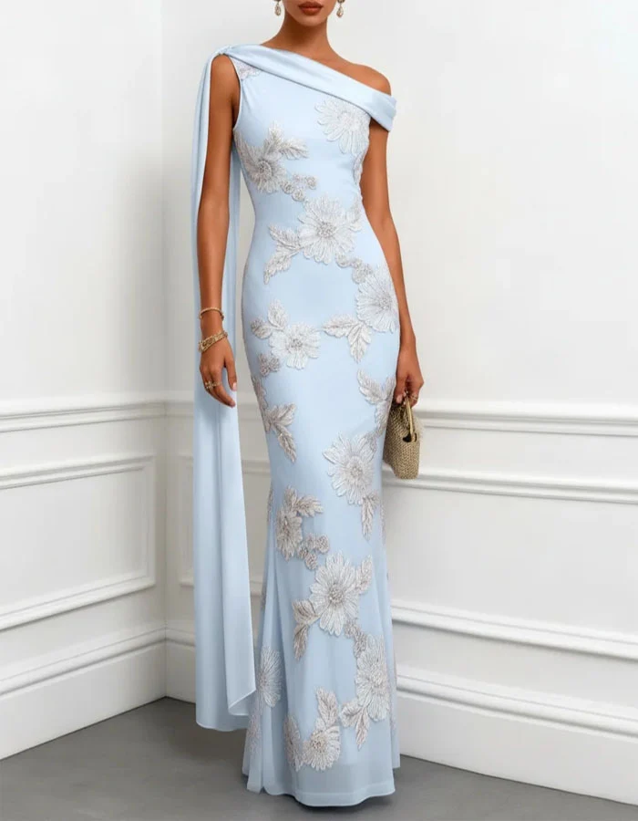 Embroidered One-Shoulder Draped Cape Evening Gown
