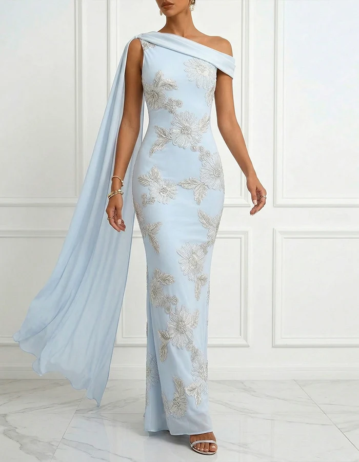 Embroidered One-Shoulder Draped Cape Evening Gown