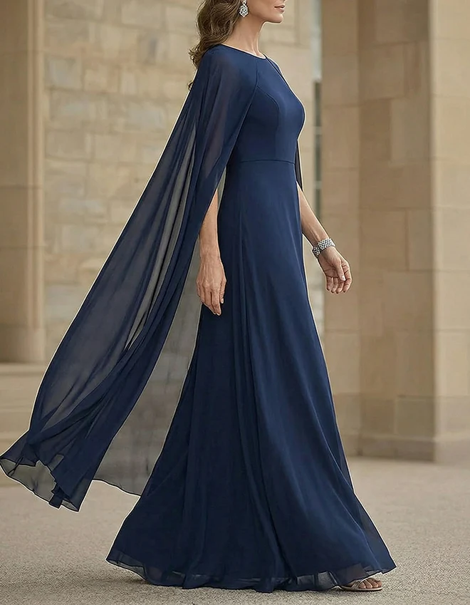 Chiffon Long Sleeve Cape Evening Gown