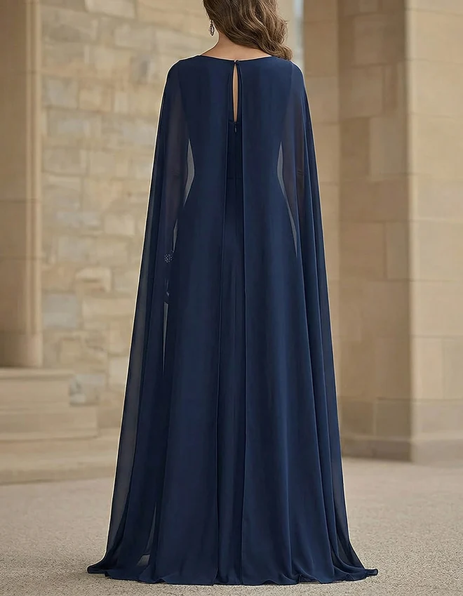Chiffon Long Sleeve Cape Evening Gown