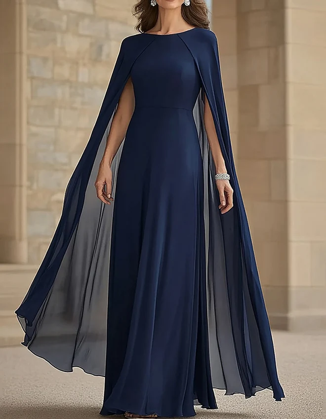 Chiffon Long Sleeve Cape Evening Gown