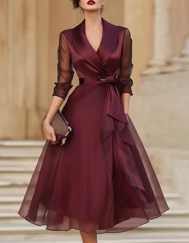 Sheer Sleeve Shawl Collar Midi Evening Dress