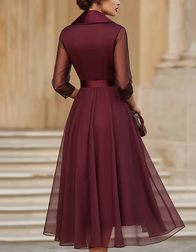 Sheer Sleeve Shawl Collar Midi Evening Dress
