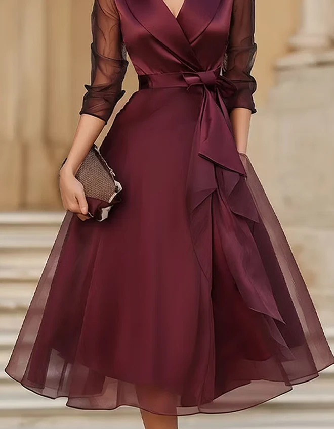 Sheer Sleeve Shawl Collar Midi Evening Dress